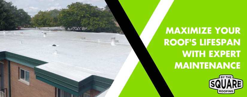 Commercial roof project by By The Square Roofing with emphasis on commercial roof maintenance tips.